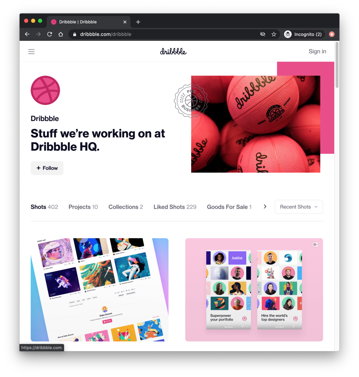 Dribbble profile page