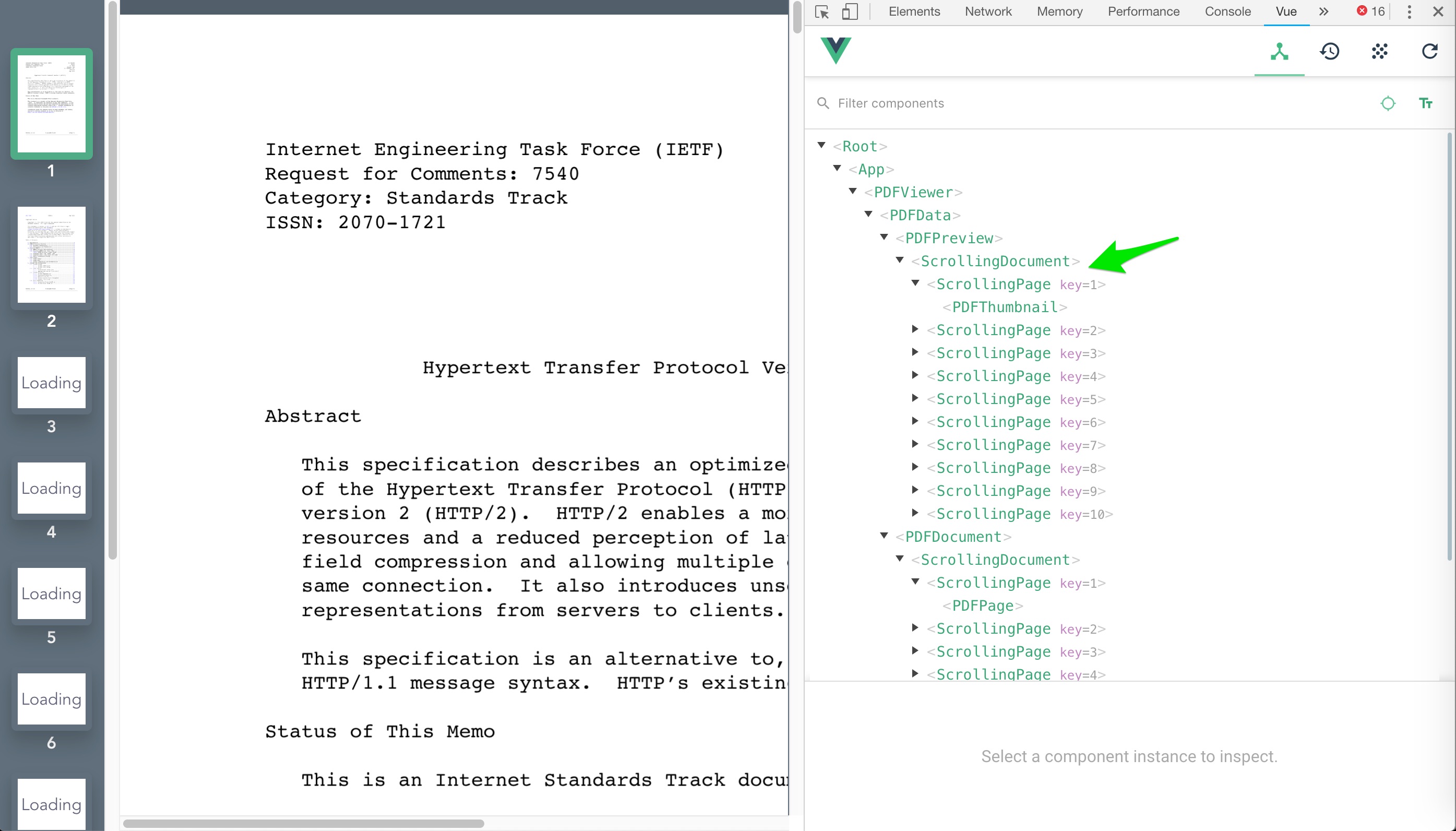 scrolling components in Vue devtools