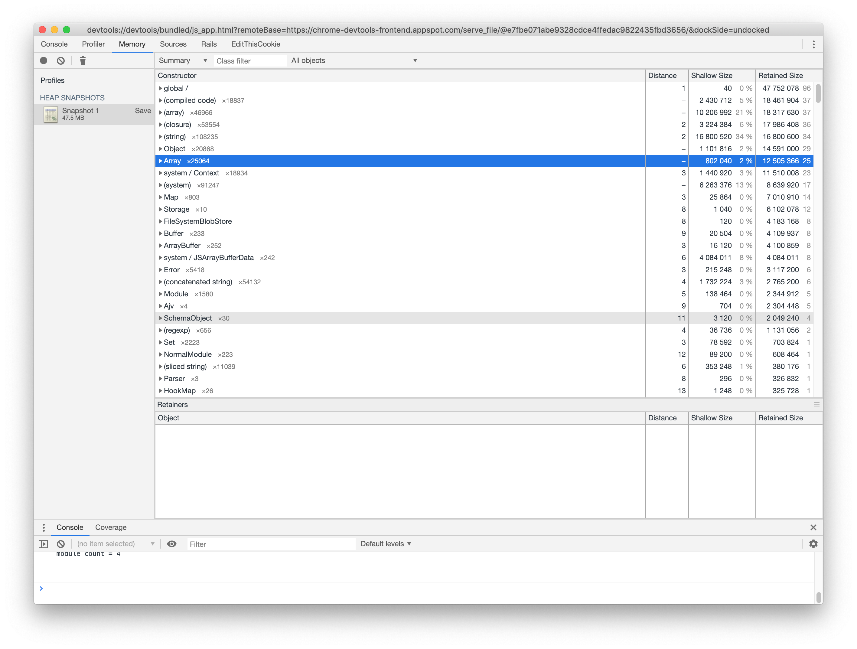 Screenshot of DevTools heap snapshot